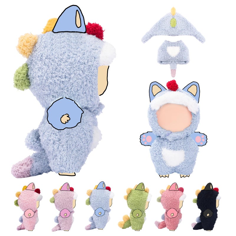 VVQUI 17cm (6.7inch) Doll Clothes, Outfits for Clothes Set, Dino Dolls Keychain Accessories, Faking Animal Style Outfit Jumpsuit Dinosaur Costume for Dolls (Light Blue) (Doll Not Included) - Image 1